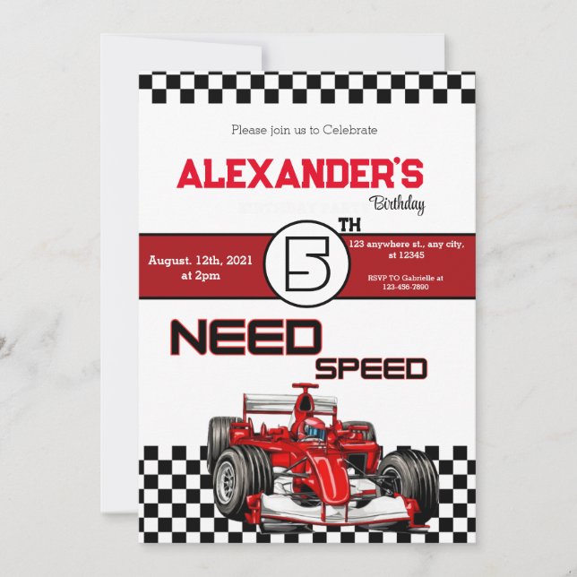 Need 5 Speed Red Race Car Invitation (Front)