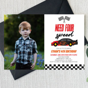 Need Four Race Car 4th Picture Birthday Party Invitation