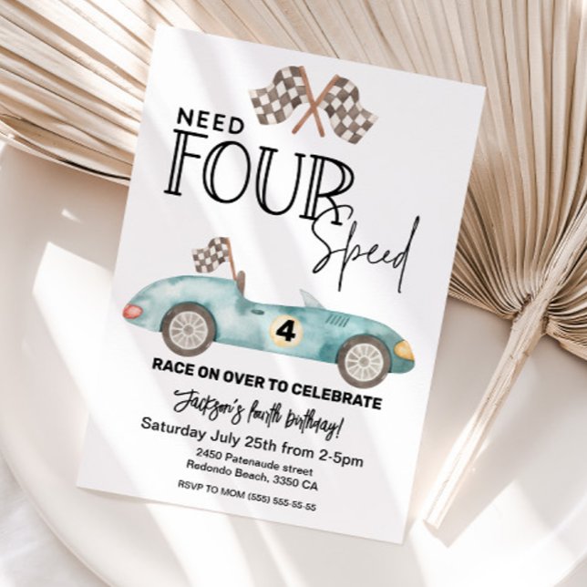 Need FOUR Speed Blue Race car 4th birthday Invitation (Need FOUR speed Race car 4th birthday invitation)