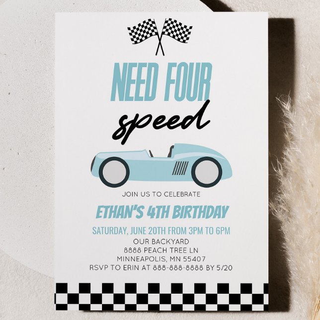 Need Four Speed Blue Race Car 4th Birthday Party Invitation (Creator Uploaded)
