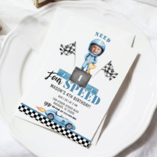 Need Four Speed Blue Race car 4th Birthday photo Invitation
