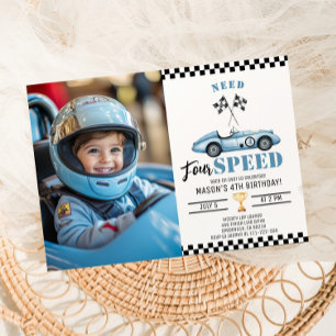 Need Four Speed Blue race car Photo 4th Birthday Invitation