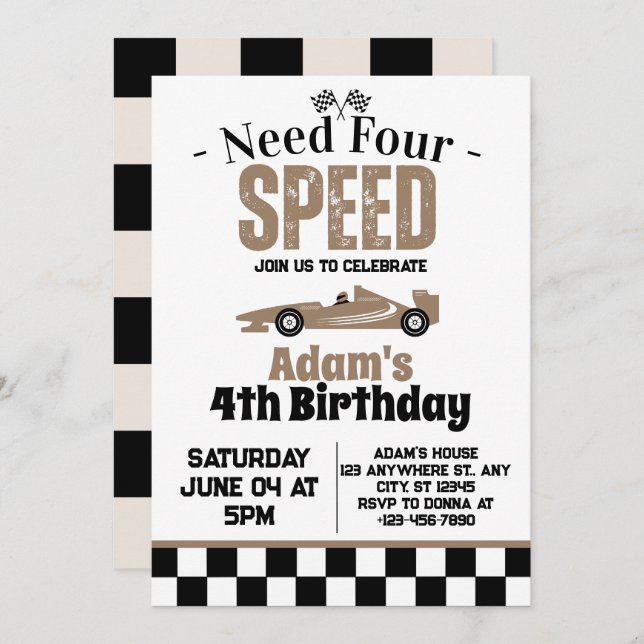 Need Four Speed Boy 4th Birthday Party  Invitation (Front/Back)