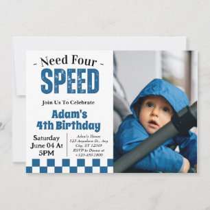 Need Four Speed Boy 4th Birthday Party Photo  Invitation