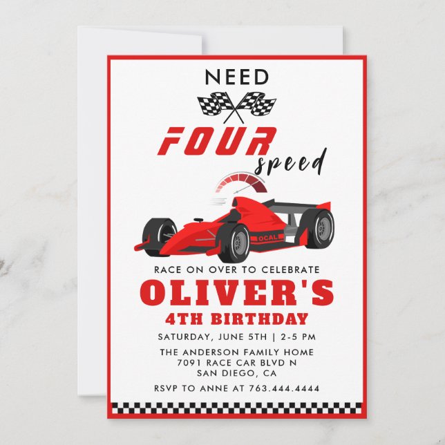 Need Four Speed Car Boy 4th Birthday  Invitation (Front)