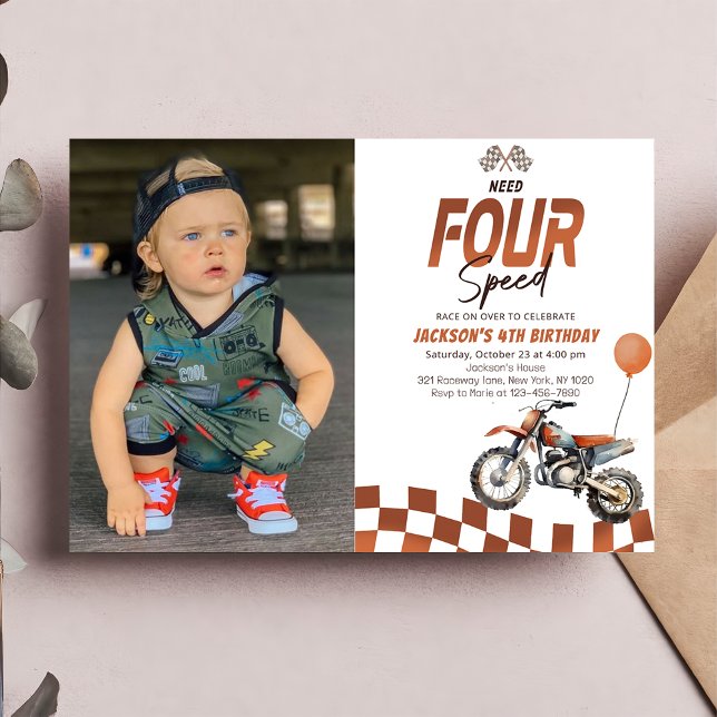 Need Four Speed Dirt Bike Boy 4th Birthday Photo Invitation (Creator Uploaded)