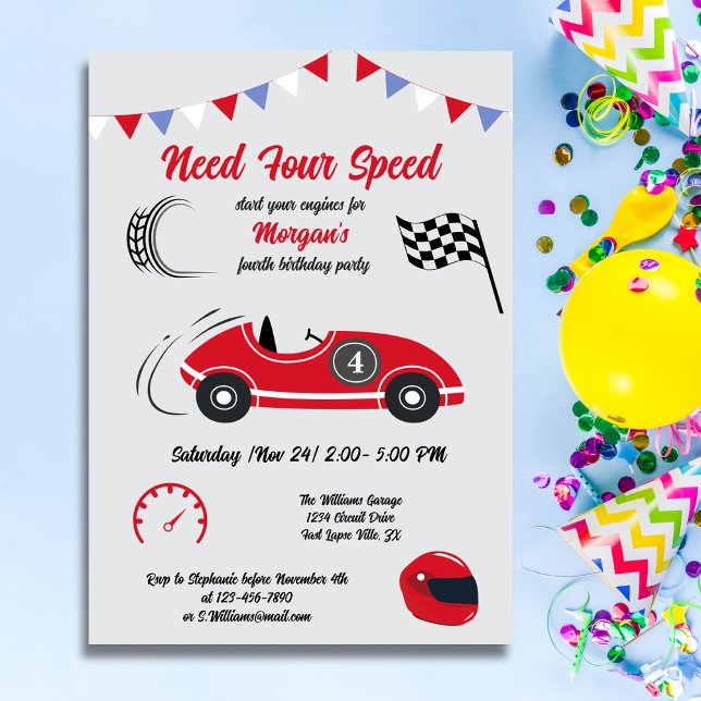 Need Four Speed Festive Red Race Car Birthday Invitation (Creator Uploaded)
