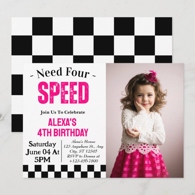 Need Four Speed Girl 4th Birthday Party Photo  Invitation (Front/Back)