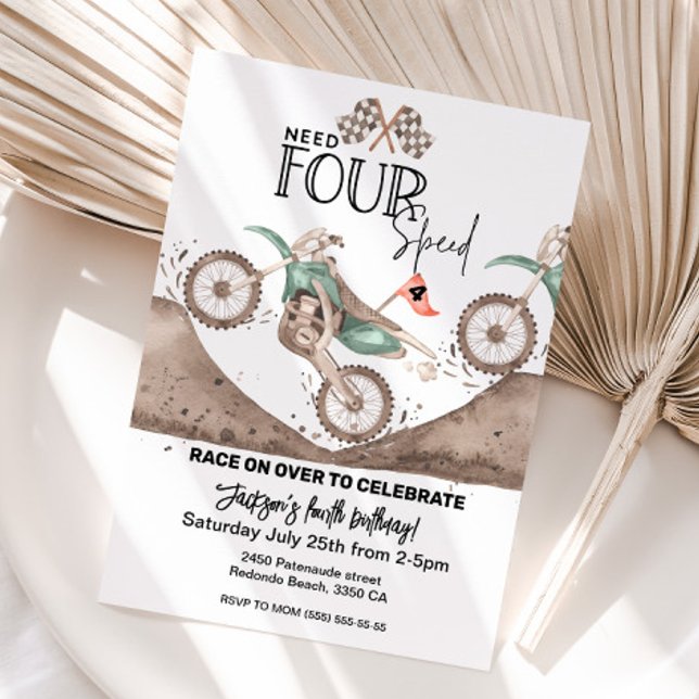 Need FOUR Speed Green Dirt Bike 4th birthday  Invitation (Need FOUR Speed birthday invitaiton, green dirt bike party)