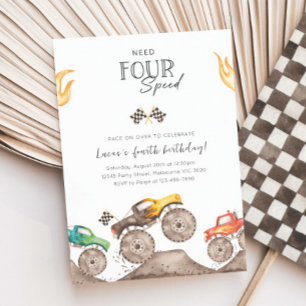 Need Four Speed Monster Truck 4th Birthday Bash Invitation