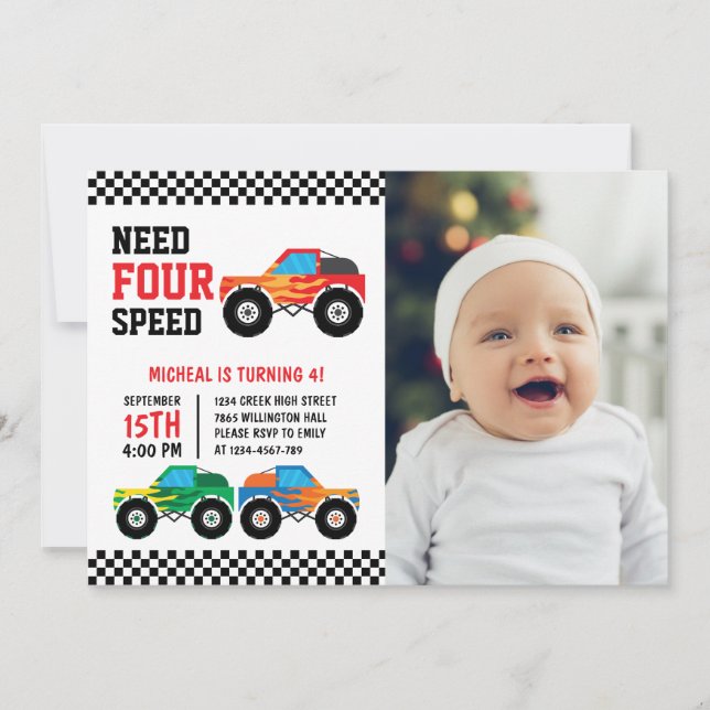 Need Four Speed Monster Truck 4th Birthday Photo Invitation (Front)