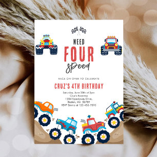 Need Four Speed Monster Truck Boy 4th Birthday Inv Invitation