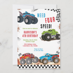 Need Four Speed Monster Truck Boy 4th Birthday  Invitation