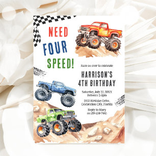 Need Four Speed Monster Truck Boy 4th Birthday Invitation