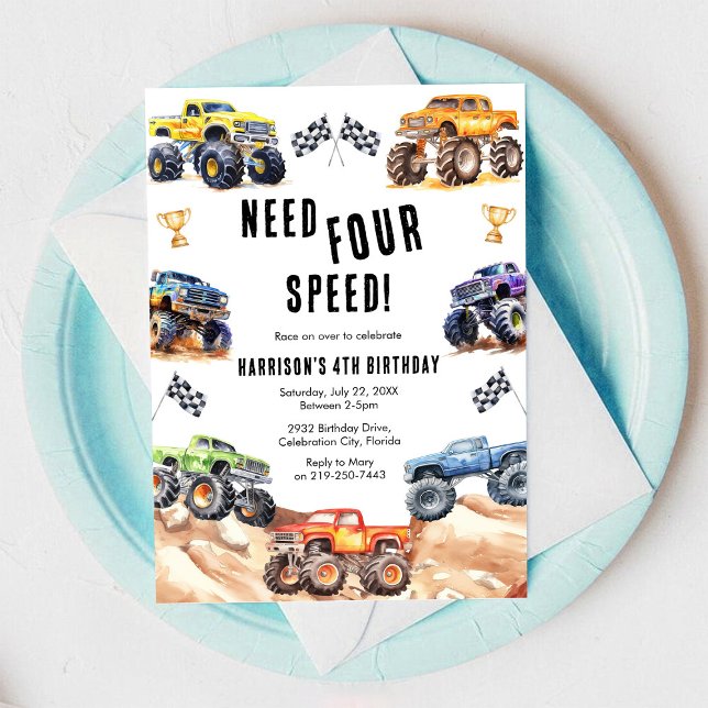 Need Four Speed Monster Truck Boy 4th Birthday  Invitation (Creator Uploaded)