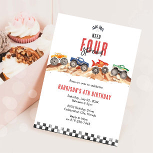 Need Four Speed Monster Truck Boy 4th Birthday Invitation