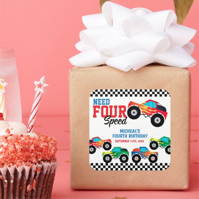 Need Four Speed Monster Truck Fourth Birthday Square Sticker (Party)