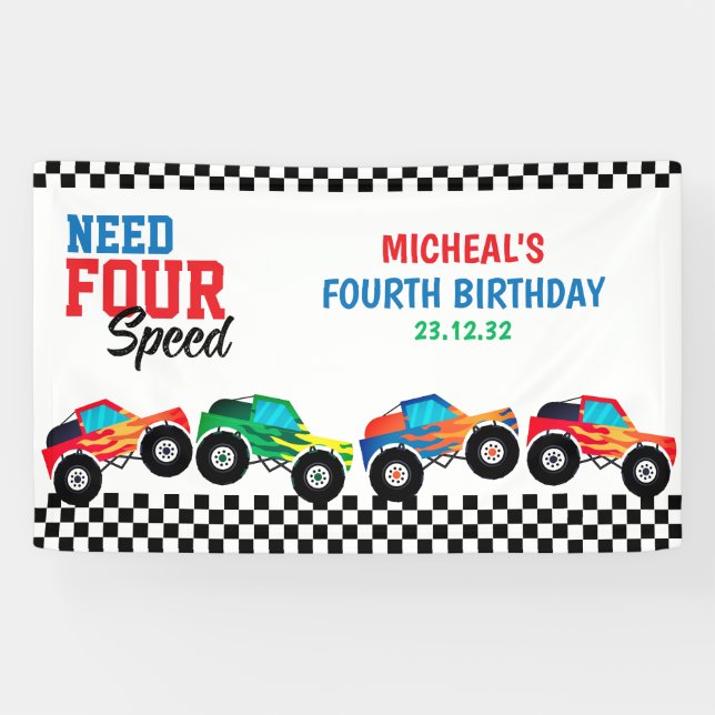 Need Four Speed Monster Truck Race 4th Birthday Banner (Horizontal)