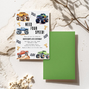 Need Four Speed Monster Trucks 4th Birthday Party Invitation