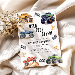 Need Four Speed Monster Trucks 4th Birthday Party Invitation
