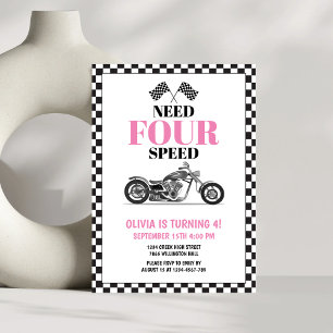 Need Four Speed Pink Heavy Bike Fourth Birthday  Invitation