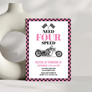 Need Four Speed Pink Heavy Bike Fourth Birthday Invitation