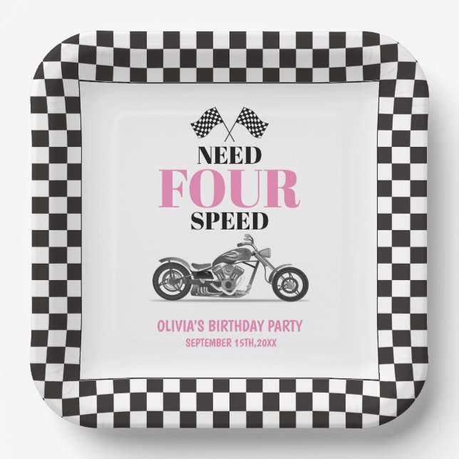 Need Four Speed Pink Heavy Bike Fourth Birthday  Paper Plate (Front)