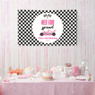 Need Four Speed Pink Race Car 4th Birthday Party Banner