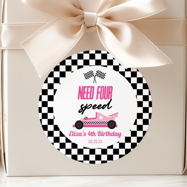 Need Four Speed Pink Race Car 4th Birthday Party Classic Round Sticker (Creator Uploaded)