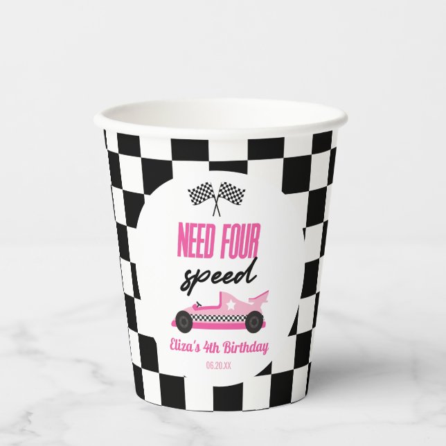 Need Four Speed Pink Race Car 4th Birthday Party Paper Cups (Front)