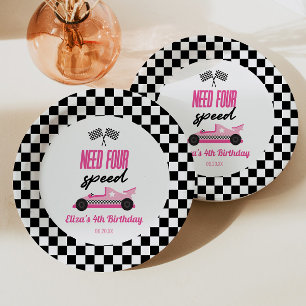 Need Four Speed Pink Race Car 4th Birthday Party Paper Plate