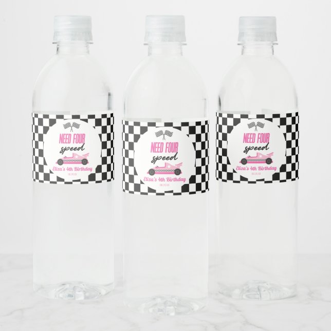 Need Four Speed Pink Race Car 4th Birthday Party Water Bottle Label (Bottles)