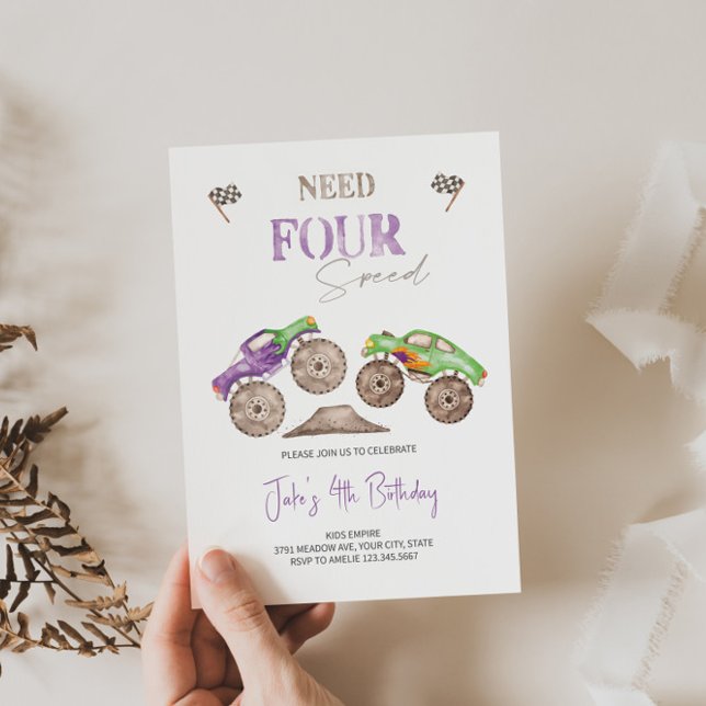 Need FOUR Speed Purple Monster Truck Invitation  (Creator Uploaded)