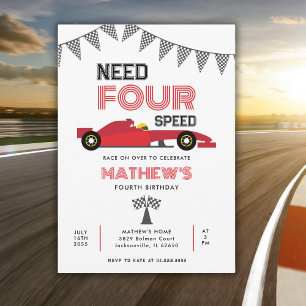 Need Four Speed Race Car 4th Birthday Party  Invitation