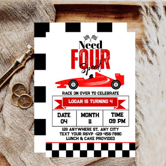 Need Four Speed Race Car Boy 4th Birthday Party  Invitation