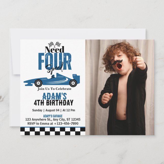 Need Four Speed Race Car Boy 4th Birthday Photo Invitation (Front)