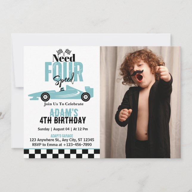 Need Four Speed Race Car Boy 4th Birthday Photo Invitation (Front)
