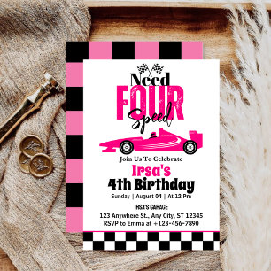 Need Four Speed Race Car Girl 4th Birthday  Invitation