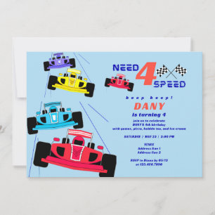 Need Four Speed Racer Car Race Boy 4th Birthday Invitation