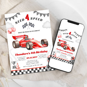 Need Four Speed Racing Car Boy 4th Birthday Invitation