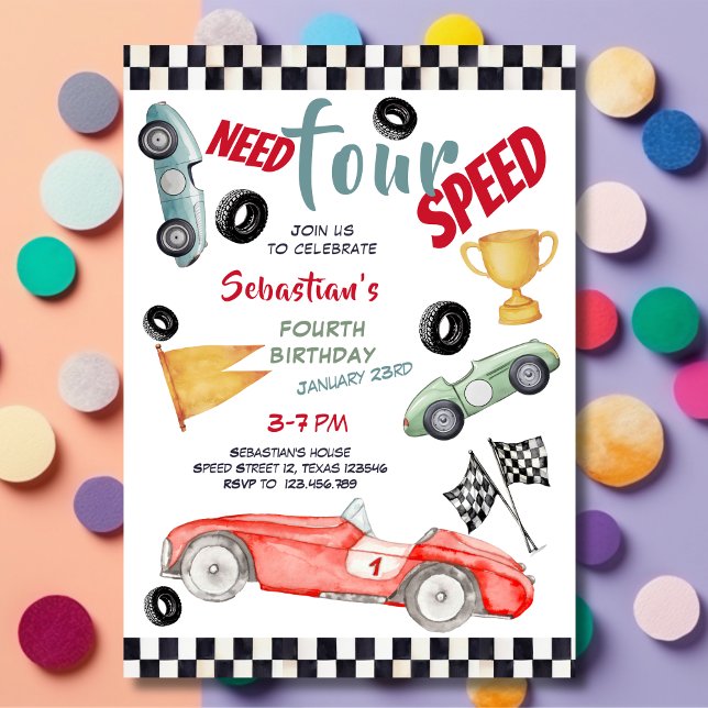 Need four speed racing car fourth kids birthday invitation (Creator Uploaded)