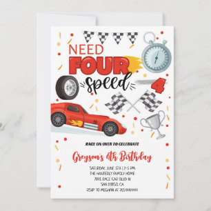 Need Four Speed Racing Car Red 4th Boy Birthday Invitation