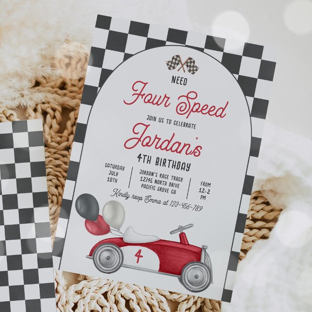 Need Four Speed Red Race Car 4th Birthday Party Invitation (Creator Uploaded)
