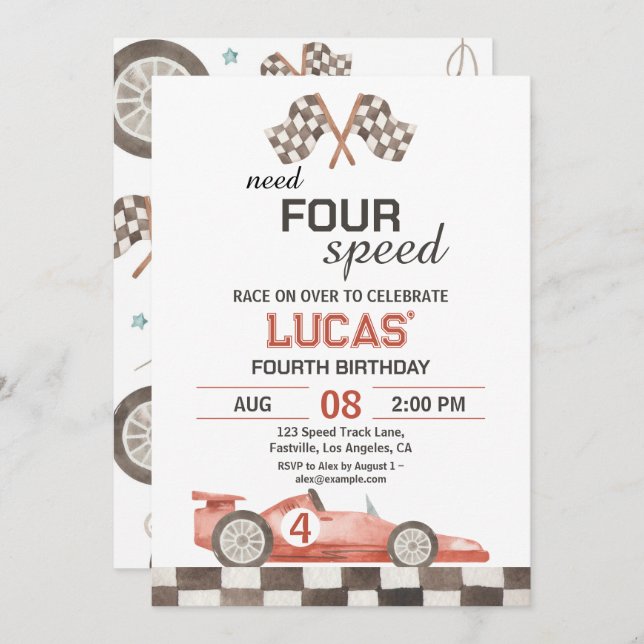 Need Four Speed Red Race Car 4th Birthday Party Invitation (Front/Back)