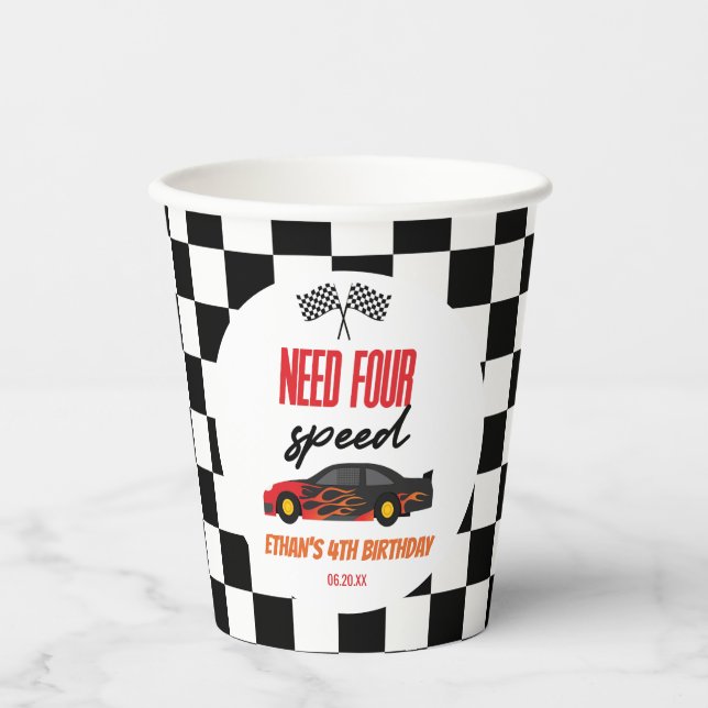 Need Four Speed Red Race Car 4th Birthday Party Paper Cups (Front)