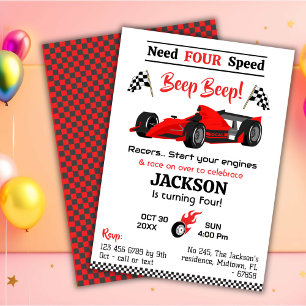 Need four speed red race sports car 4th birthday invitation