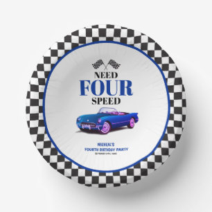 Need Four Speed Sports Car Blue Fourth Birthday Paper Plate