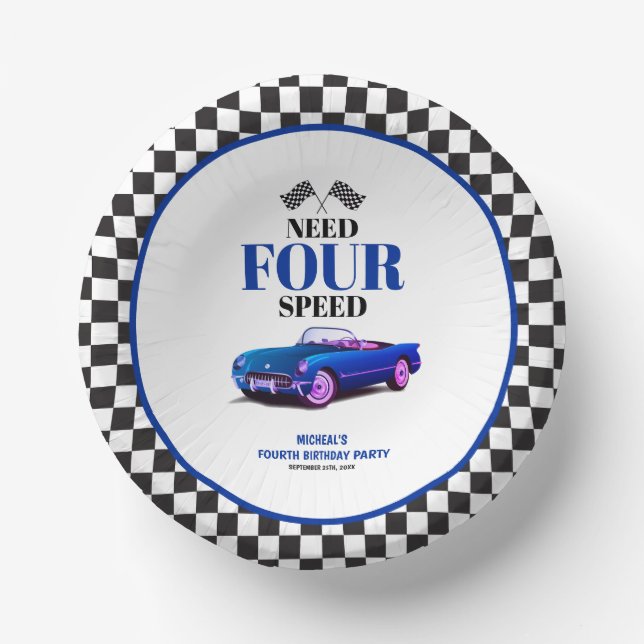 Need Four Speed Sports Car Blue Fourth Birthday Paper Plate (Front)