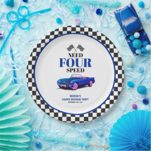 Need Four Speed Sports Car Blue Fourth Birthday Paper Plate