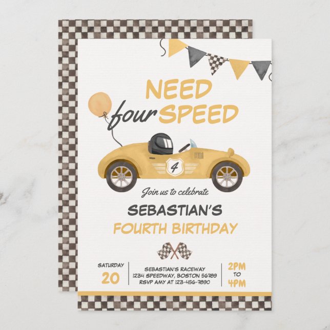 Need Four Speed Yellow Race Car 4th Birthday Party Invitation (Front/Back)